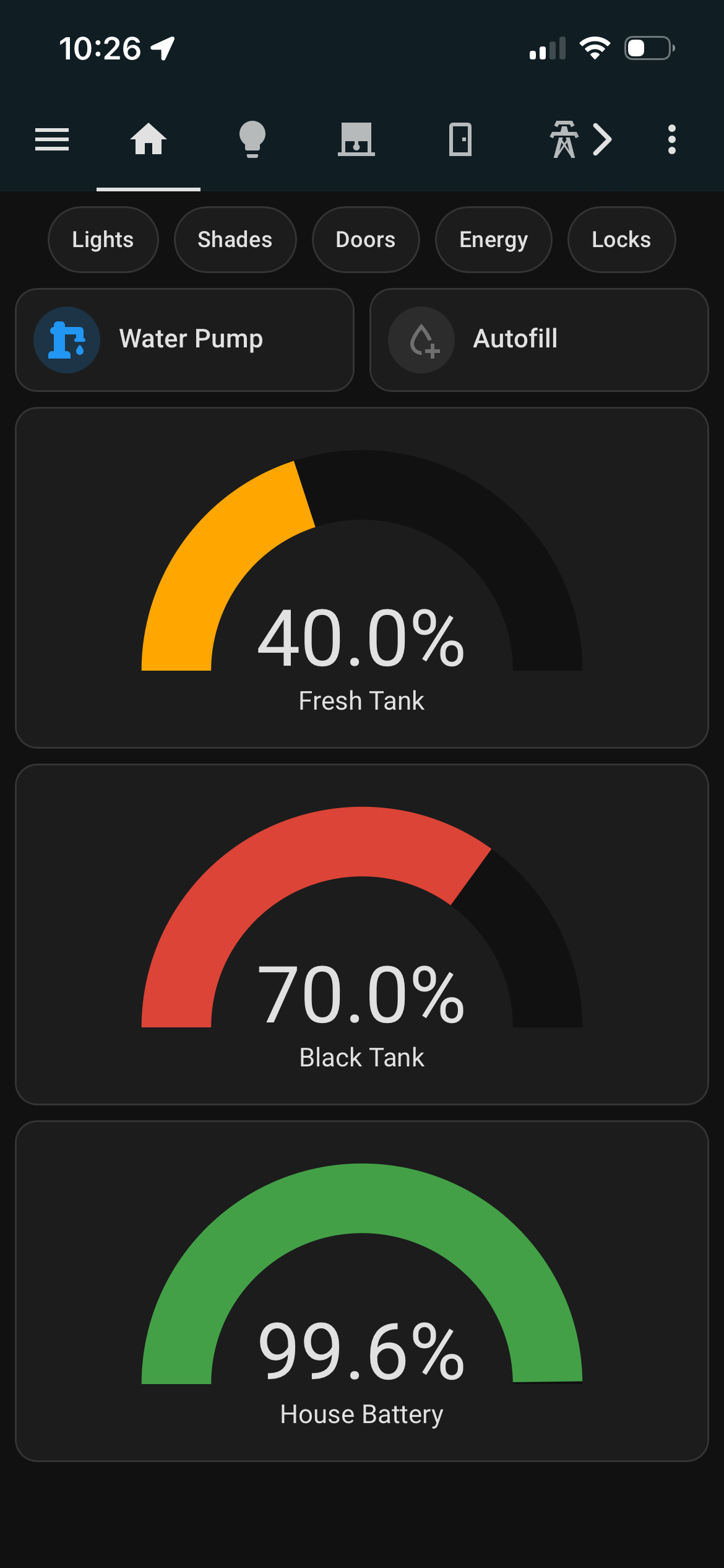 Home Assistant dashboard showing tank levels and battery status