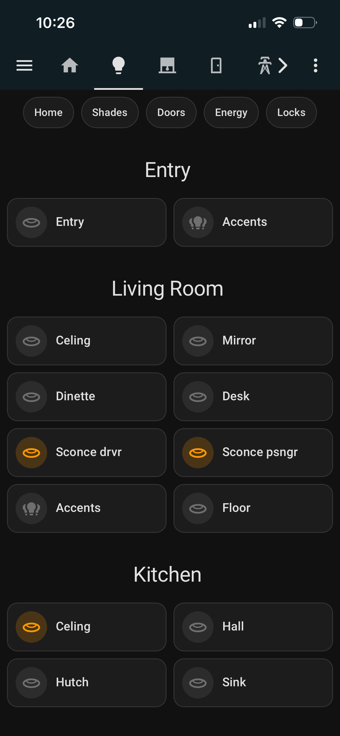 Dashboard view with lighting and shade controls